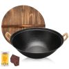 WANGYUANJI 14.96" Handmade Wok, Cast Iron Wok Pan, Large Flat Bottom Wok Stir with Dual Handle and Wooden Lid, Suitable for All Cooktops