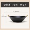 WANGYUANJI 14.96" Handmade Wok, Cast Iron Wok Pan, Large Flat Bottom Wok Stir with Dual Handle and Wooden Lid, Suitable for All Cooktops